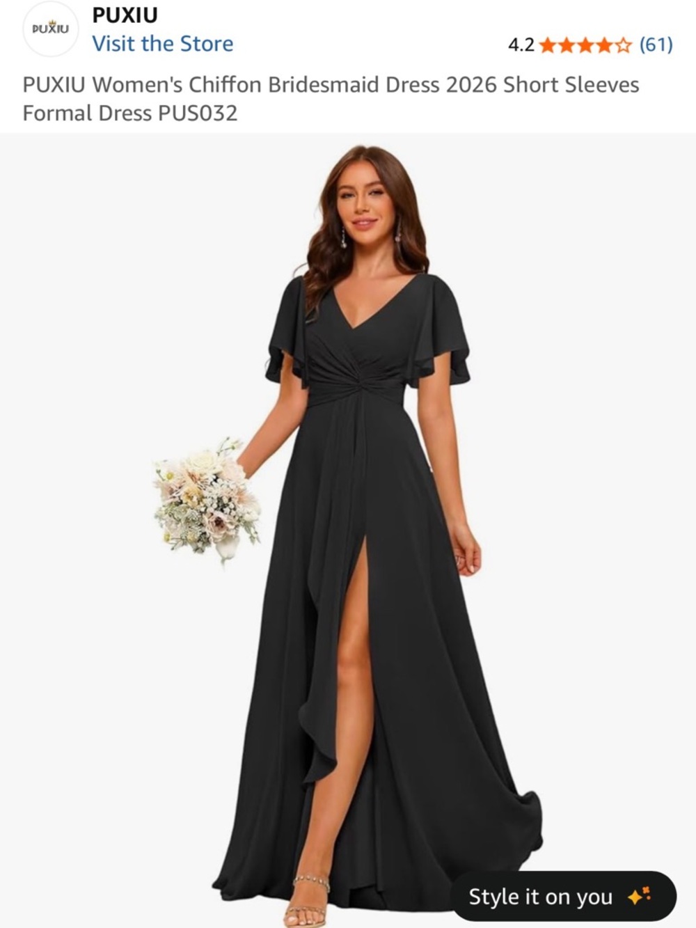 Amazon Black Chiffon V-Neck Flutter Sleeve Bridesmaid Dress - Corset Back